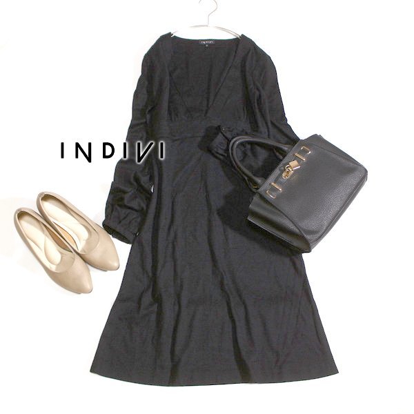 美品 INDIVI インディヴィ ウール100% 上品綺麗め ストレッチ ワンピース 36号 S 秋 冬 25D09拍卖