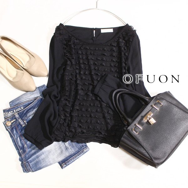 美品 OFUON stylish オフオン スタイリッシュ 綺麗め フリル重ね ジョーゼット生地 カットソー 38号 M 春 秋 25A10拍卖