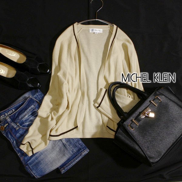 美品 MICHEL KLEIN ミッシェルクラン 綺麗め ノーボタン ウール ニット カーディガン 38号 M 秋 冬 25A10拍卖