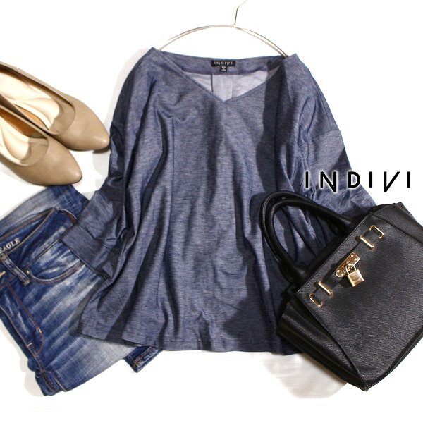 美品 INDIVI インディヴィ 綺麗め コットン ストレッチ カットソー 38号 M 春 夏 秋 6分袖 25A10拍卖