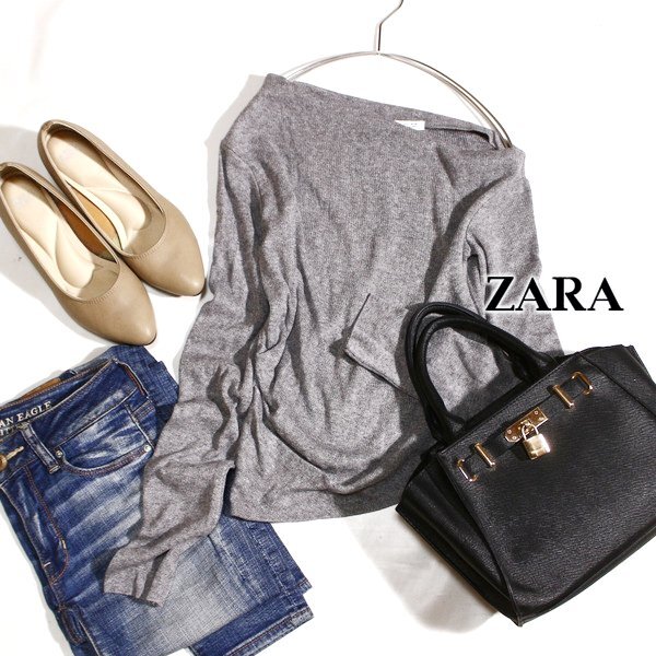 美品 ザラ ZARA 綺麗め サイドギャザー アシンメトリー デザインニット プルオーバー S 春 秋 25B10拍卖