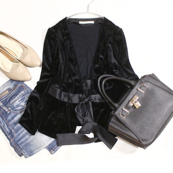 美品 NOLLEY'S sophi ノーリーズ 綺麗め ベルトリボン ベロア カーディガン 38号 M 秋 冬 25B10拍卖