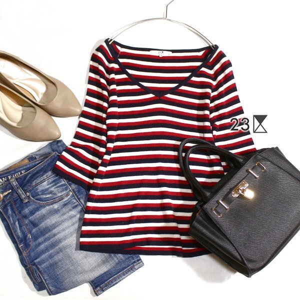 美品 オンワード樫山 23区 大人可愛い ボーダー柄 コットン ニット プルオーバー 38号 M 春 夏 秋 25B10拍卖