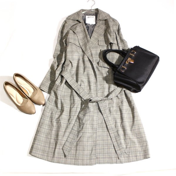 美品 Dessin デッサン ウール 綺麗め グレンチェック柄 オータム スプリングコート 1号 S 春 秋 合服 25B10拍卖