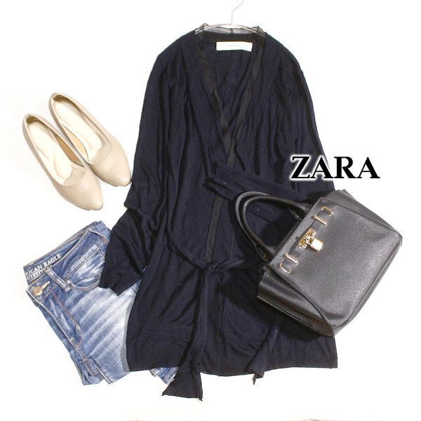 美品 ザラ ZARA KNIT ザラニット 綺麗めノーボタン シフォン切り替え ストレッチニット カーディガン M 春 秋 合服 25C10拍卖