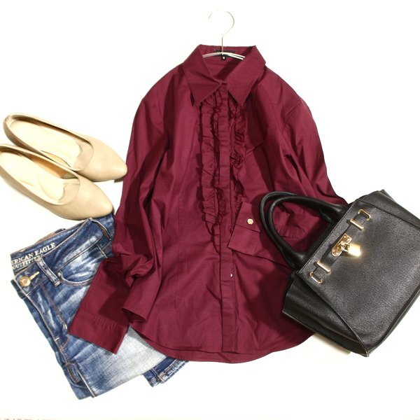 美品 ANAYI アナイ 綺麗めフリル コットン ストレッチ ブラウス 38号 M 春 秋 25C09拍卖