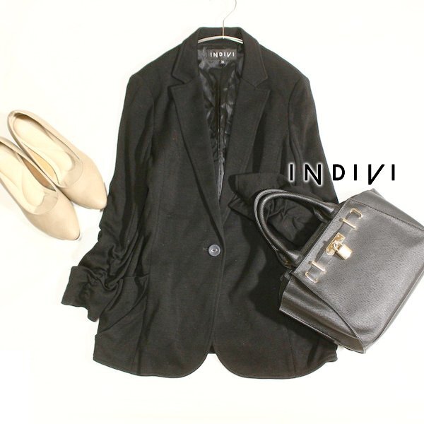 美品 INDIVI インディヴィ ウール100% 綺麗め ストレッチ ジャケット 36号 S 秋 冬 25C09拍卖