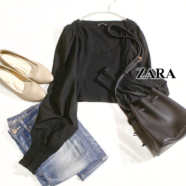 美品 ザラ ZARA 異素材切り替え 可愛い ストレッチ ショート丈 カットソー M 春 夏 25C02拍卖