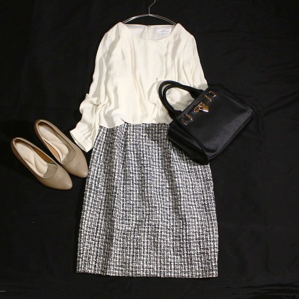 美品 ユナイテッドアローズ GREEN LABEL RELAXING 綺麗め ジョーゼット生地切り替え ウール混紡 ツイード ワンピース 38号 M 春 秋 25C10拍卖