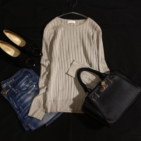 美品 ユナイテッドアローズ BEAUTY & YOUTH 綺麗め細身 ワイドリブ ストレッチニット プルオーバー F 春 秋 合服 25D10拍卖