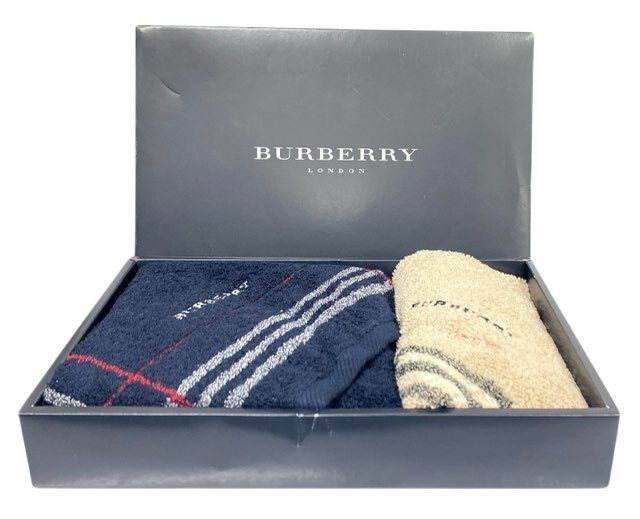 未使用 バーバリー BURBERRY タオルセット 西川産業 2枚 フェイスタオル ウォッシュタオル ブラック セット 【中古】拍卖