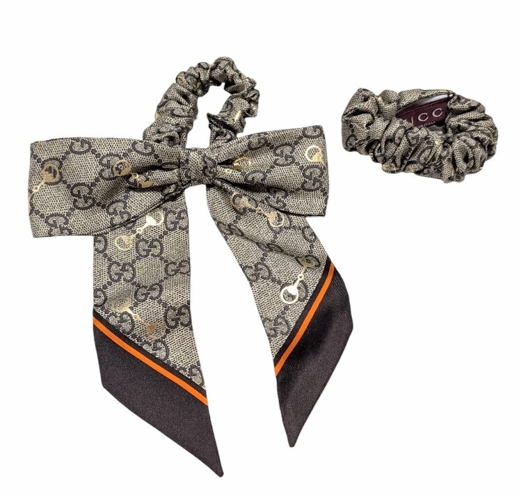 未使用 グッチ シュシュ セット GG柄 2個セット シルク素材 ヘアゴム ブラウン ヘアアクセサリー GUCCI 【中古】拍卖
