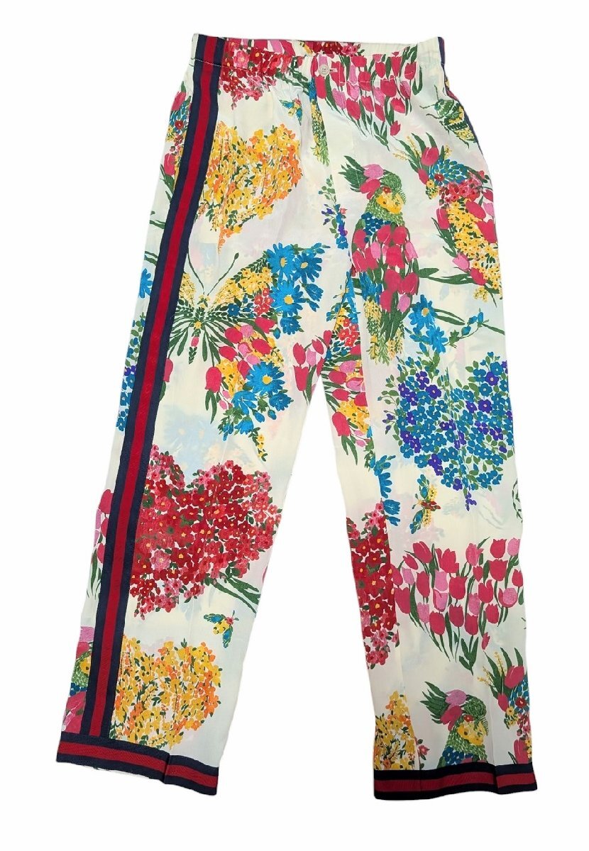 新品同様 グッチ パンツ フラワープリント #42 サイドライン 花柄 レディース ホワイト シルクパンツ GUCCI 【中古】拍卖