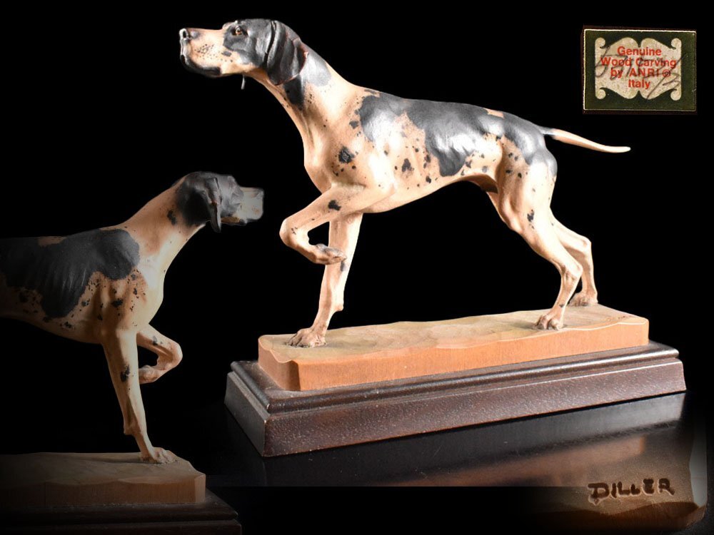 【雲】某コレクター買取品 ANRI アンリ 木彫 猟犬 ポインター犬像 人形 置物 在銘 古美術品(イタリア オブジェ)Y7019 LTfdsw拍卖