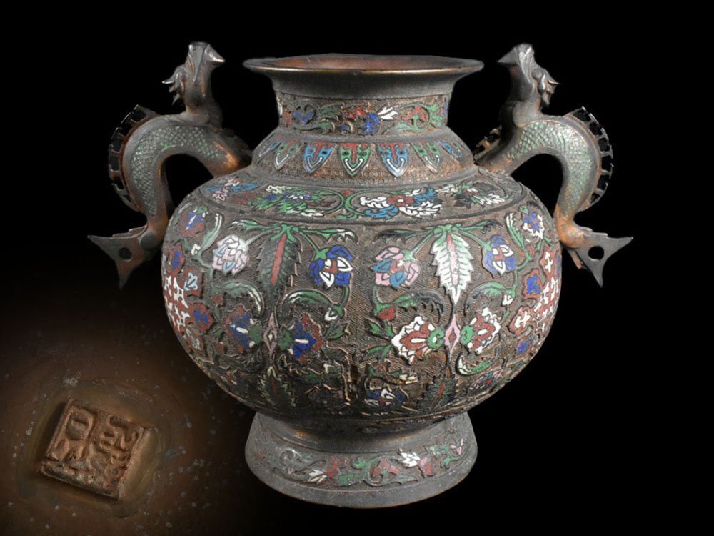 【雲】某資産家買取品 中国古玩 唐物 古銅 獣耳付花紋七宝花瓶 高さ36cm 古美術品(花器花入)DJ572 OTzcfdw拍卖