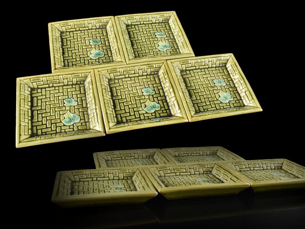 【雲】某収集家買取品 珉平焼 緑交趾 網代文様 蔦図 角皿 5客 古美術品(四方 手塩皿 淡路 )AY6222 LTdsew拍卖