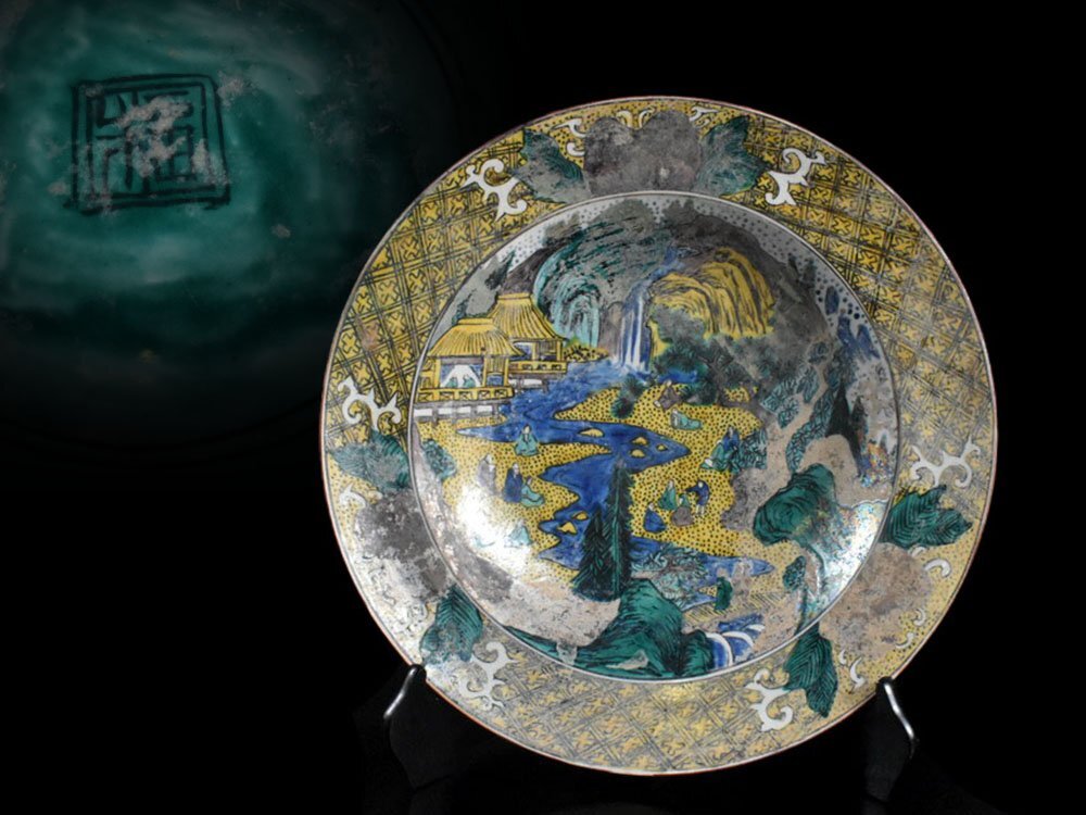 【雲】某名家買取品 古九谷 青手人物楼閣山水絵付大皿 飾皿 直径37.3cm 角福 古美術品(旧家蔵出)DJ582 UTsfr6e2 CTfj3s1拍卖