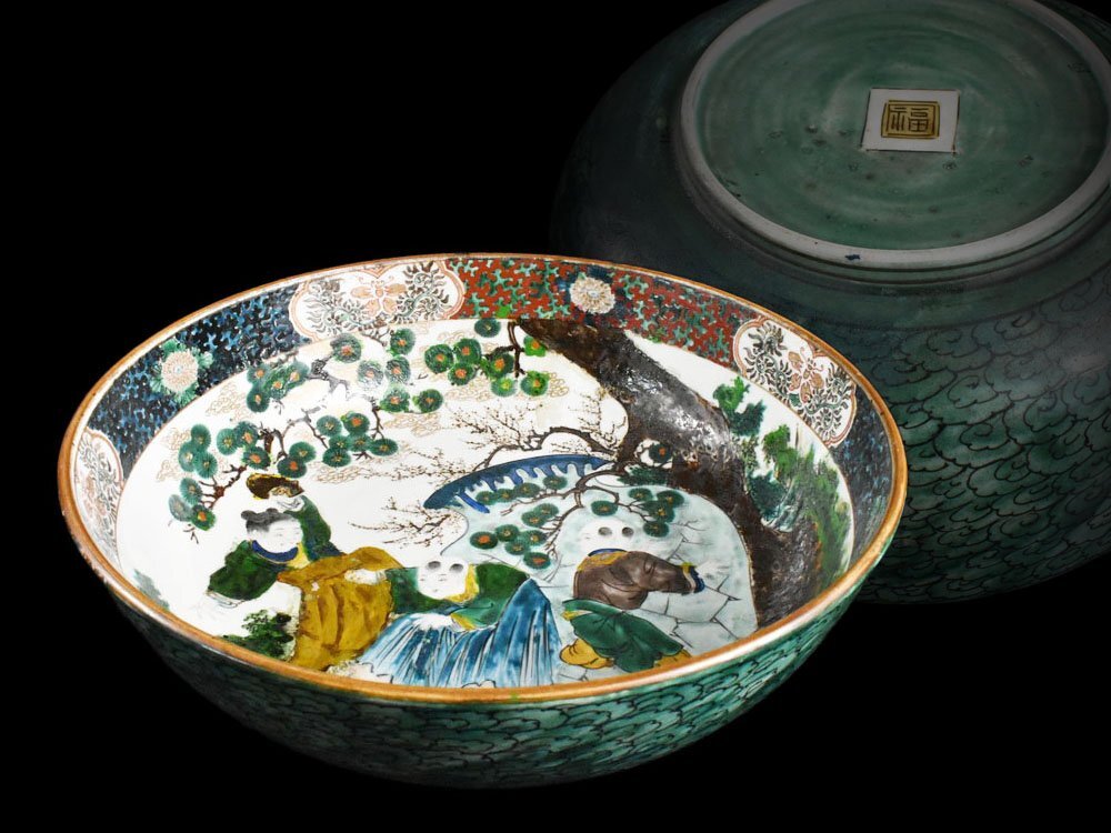 【雲】某資産家買取品 時代 古九谷 青手唐子壺細密絵付 大鉢 角福 直径30cm(大皿吉田屋再興)J1978 UTcfd拍卖