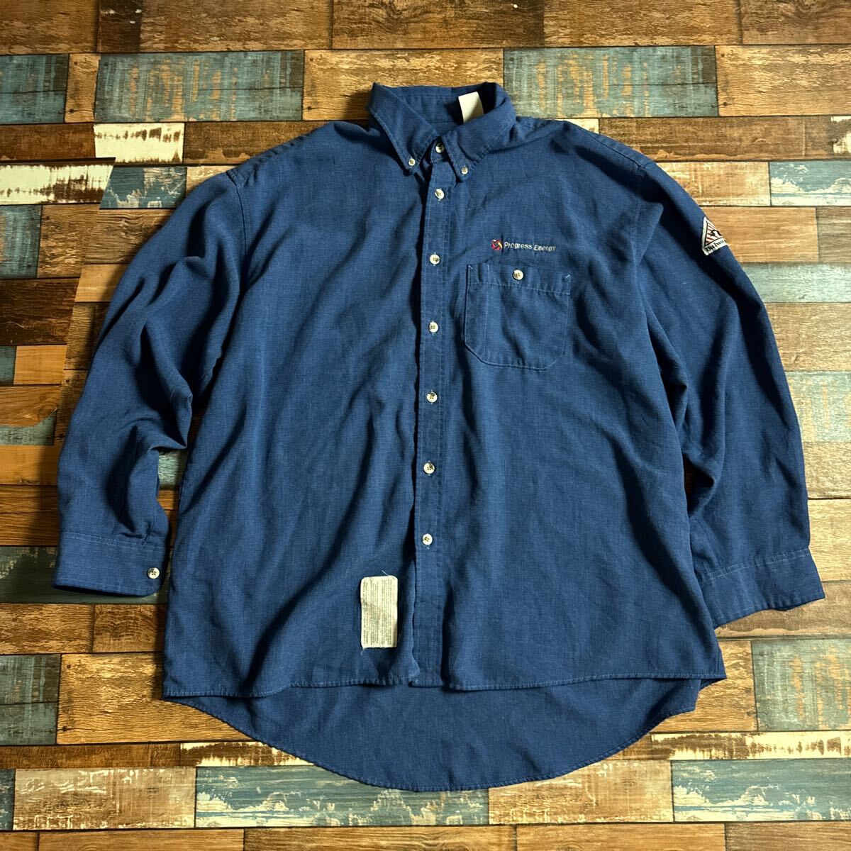 Bulwark FRロゴ刺繍入り ワークシャツ Progress Energy XL相当 青 ボタンダウンシャツ 長袖シャツ ネイビー USA古着拍卖