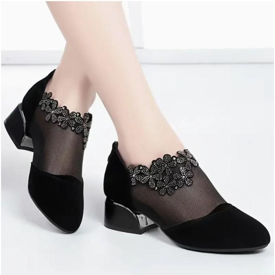 女性の花のラインストーンメッシュブロックヒール 多用途ドレスローヒール拍卖