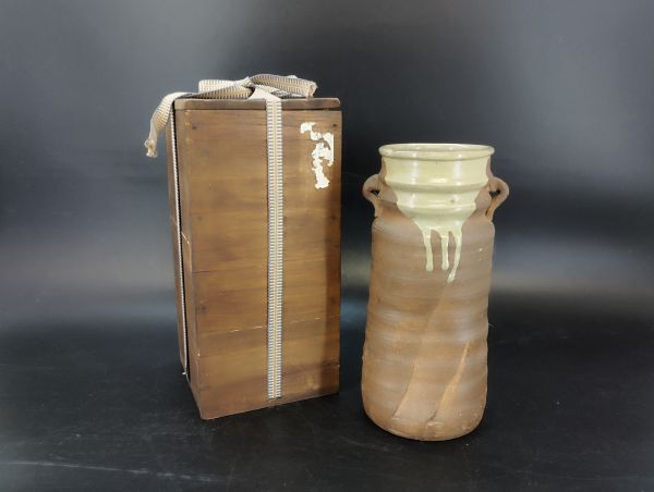 S/ 備前 古備前 桂又三郎 江戸末期之作 復興伊賀 耳付花生 花器 花入 花瓶 共箱 / NY-2400拍卖