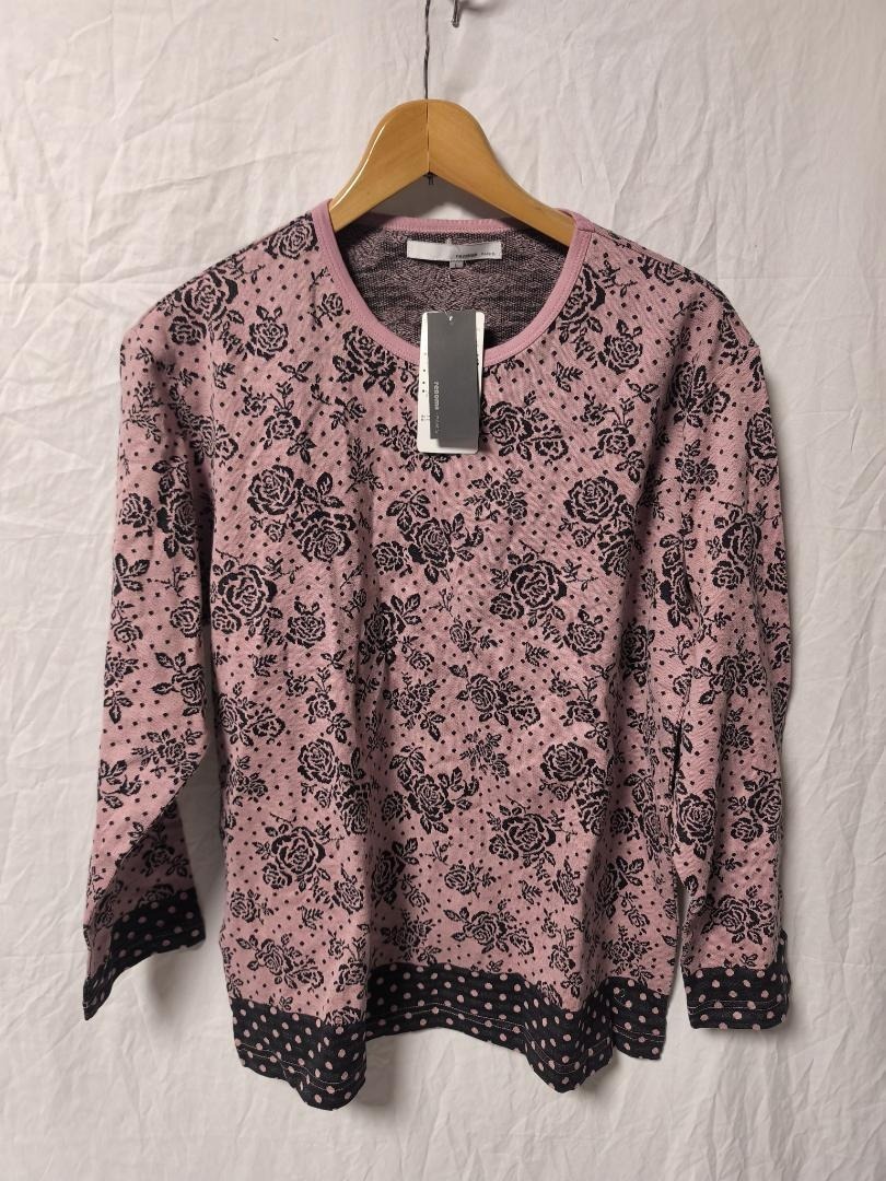 renoma PARIS 花柄 ドット切替 コットンニット ピンク レディースL拍卖