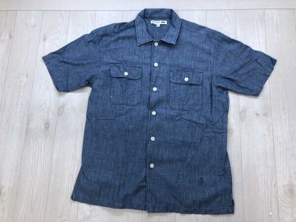 ユニクロ JWアンダーソン UNIQLO JW ANDERSON アメカジ シャンブレー オーバーシルエット 半袖ワークシャツ メンズ コットン100% S 青拍卖