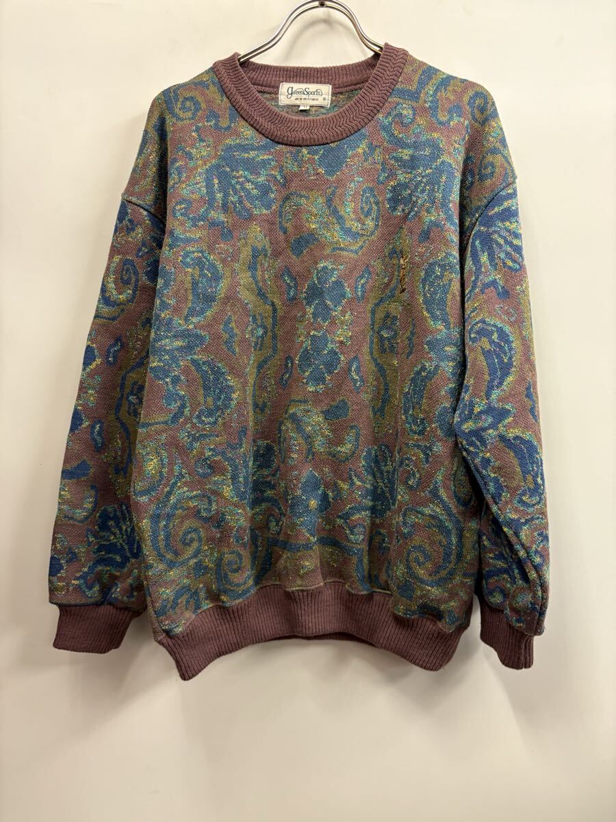 90’s green sports 総柄ニットセーター M拍卖