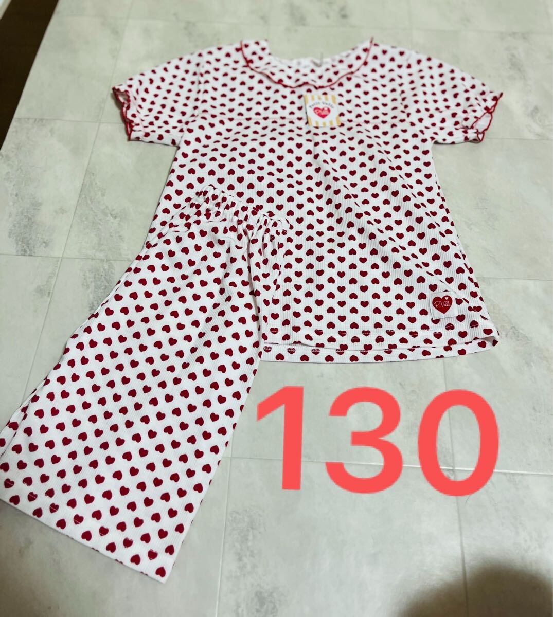 新品 130CM ホワイト ハート柄 キッズ 部屋着 パジャマ 半袖セットアップ 上下セット 拍卖