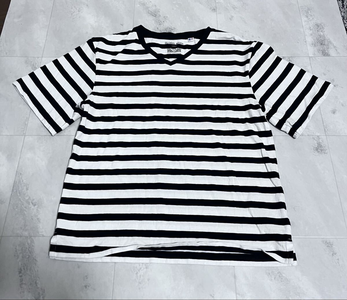GLOBAL WORK USAコットン ボーダーTシャツ Vネック半袖Tシャツ Lサイズ グローバルワーク拍卖