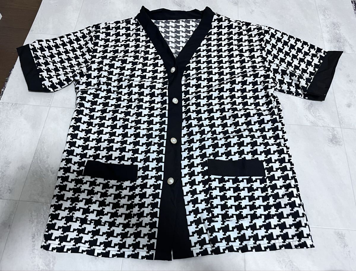 千鳥格子 半袖カットソー シャツ Lサイズ ノーカラーシャツ拍卖