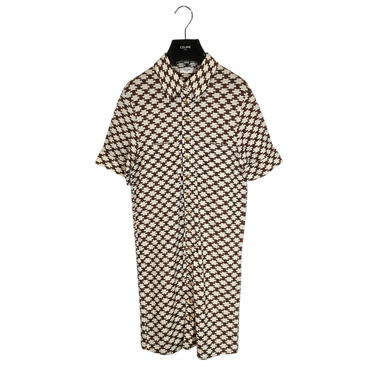 CELINE セリーヌ 23SS ショート ドレス ウールジャージー カシミヤ トリオンフ ワンピース 2X37B962R S ブラウン×ベージュ レディース拍卖