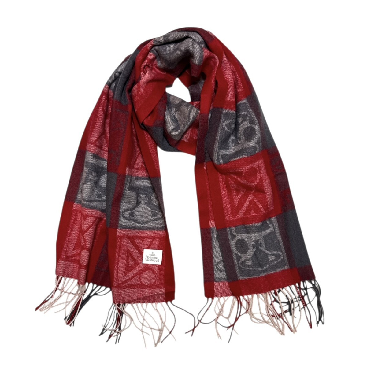 美品 ヴィヴィアンウエストウッド マフラー カシミヤ レッド×グレー 25J31拍卖