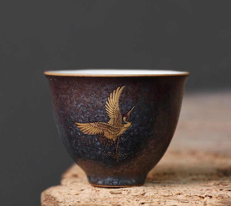 送料無料!窯変 鉄釉茶碗 鶴茶碗 湯呑 セラミックス 茶道具 茶器 酒器 抹茶碗 茶カップ 手作り 高温窯変 茶道具 1つ sux240拍卖