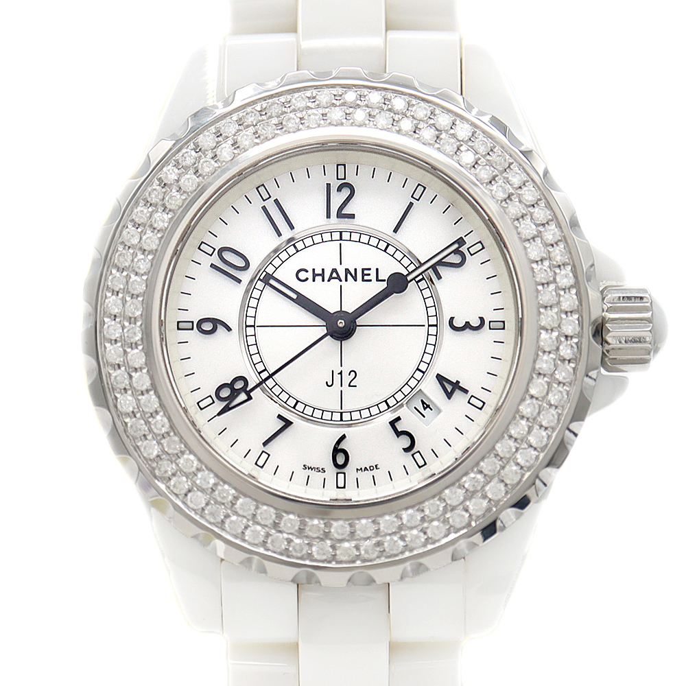 電池交換済 CHANEL シャネル J12 33mm 2重ダイヤベゼル H0968 ダイヤモンド CE SS アフターダイヤ レディース クォーツ拍卖