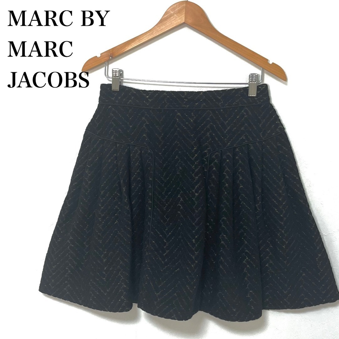◇ MARC BY MARC JACOBS マークバイマークジェイコブス スカート ヘリンボーン ひざ丈 サイズ S フレア 黒 ブラック 金 ゴールド 拍卖