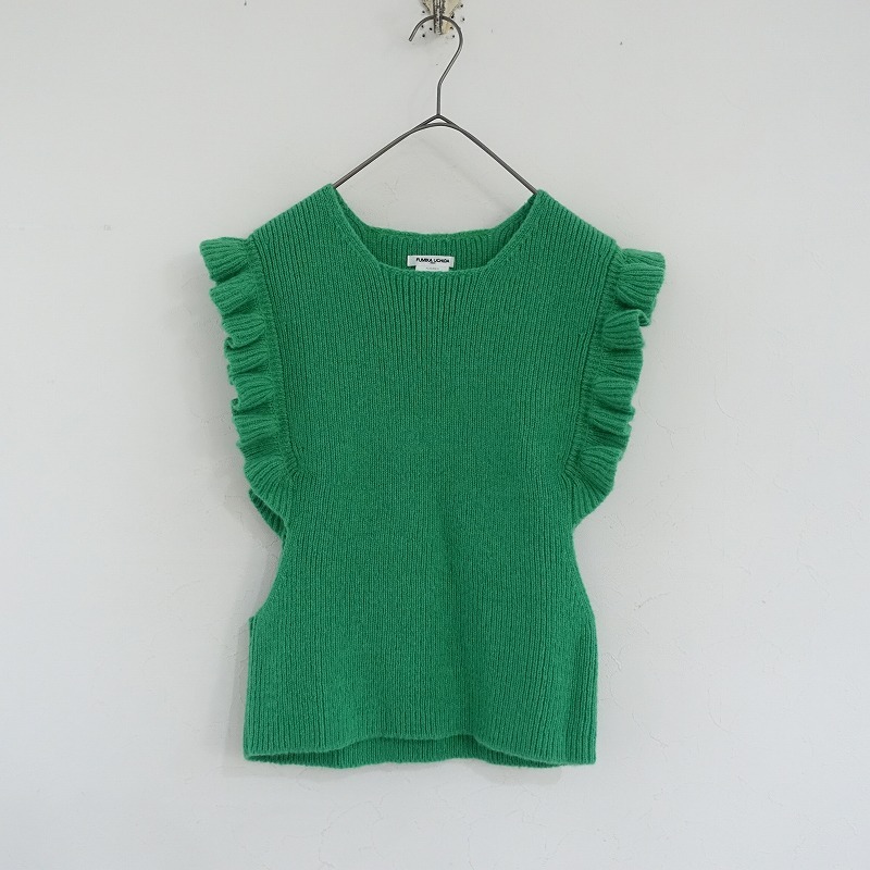フミカウチダ FUMIKA UCHIDA *スクエアネックフリルウールニットベスト*36グリーンプルオーバーリブ編み(2-2502-575)【42C52】拍卖