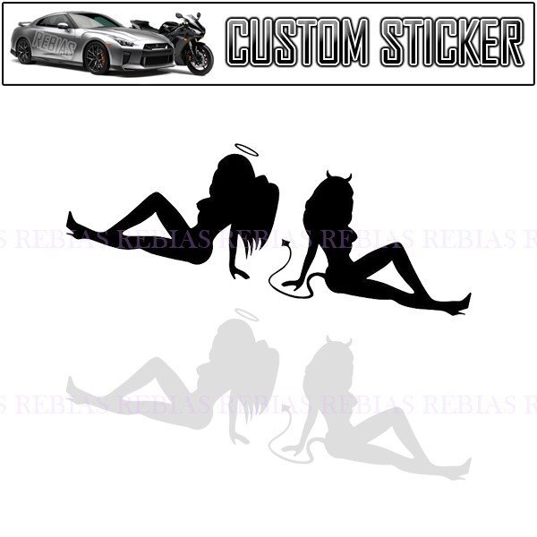 送料無料 天使と悪魔 セクシー 【ブラック】 エンジェル デビル ガール ステッカー カオス 女性 SEXY バイク拍卖