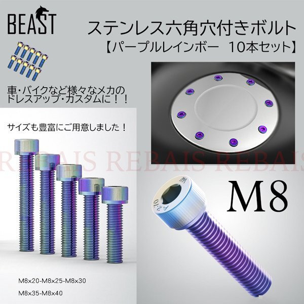 送料無料 ステンレス 六角穴 ボルト M8 10本セット 【M8×20】 レインボー拍卖