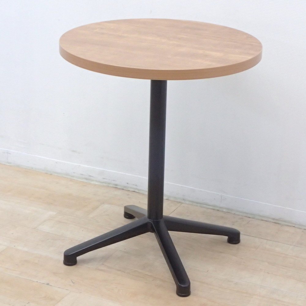 丸テーブル 木目/ブラック 直径60cm カフェテーブル ラウンドテーブル コンパクト 休憩室 ミーティング 多目的 EG18786 中古オフィス家具拍卖