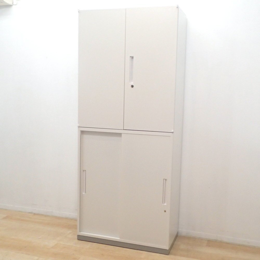 Inaba イナバ TF ティーエフ 上下書庫セット 両開き 引き違い ホワイト ハイキャビネット 収納庫 物置 書類棚 EG18135 中古オフィス家具拍卖