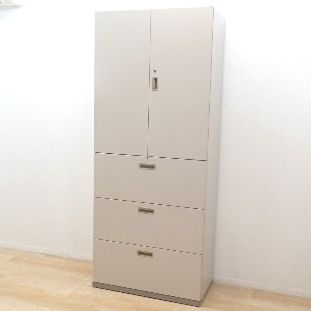 イナバ Inaba 上下書庫 両開き書庫 3段ラテラル L3N-11/L3E-11 グレー ハイキャビネット 収納庫 物置 鍵無し KK18853 中古オフィス家具拍卖