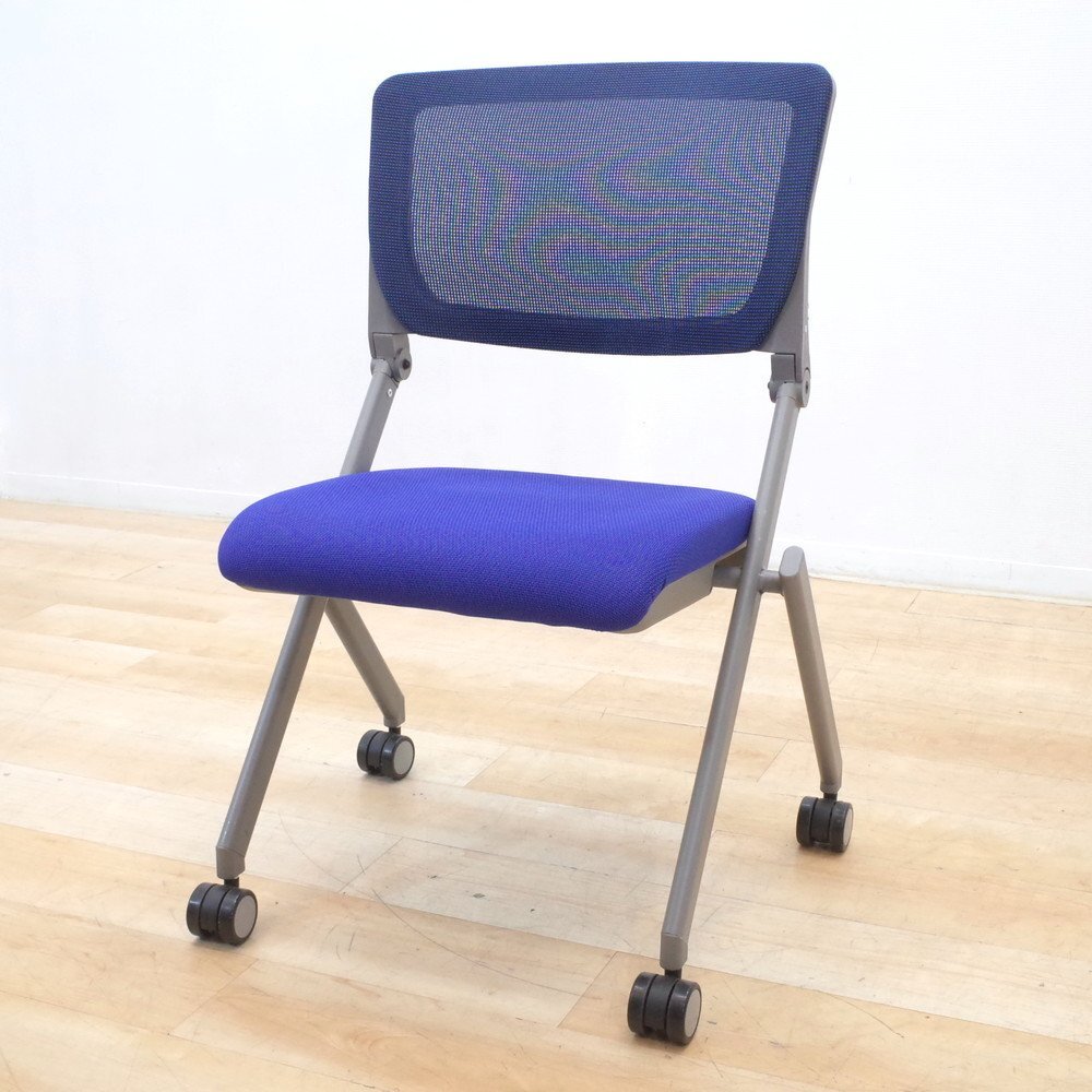 【展示品】 弘益 ネスティングチェア KRM-430 ブルー ミーティングチェア 肘無 会議椅子 セミナー キャスター KK16097 中古オフィス家具拍卖