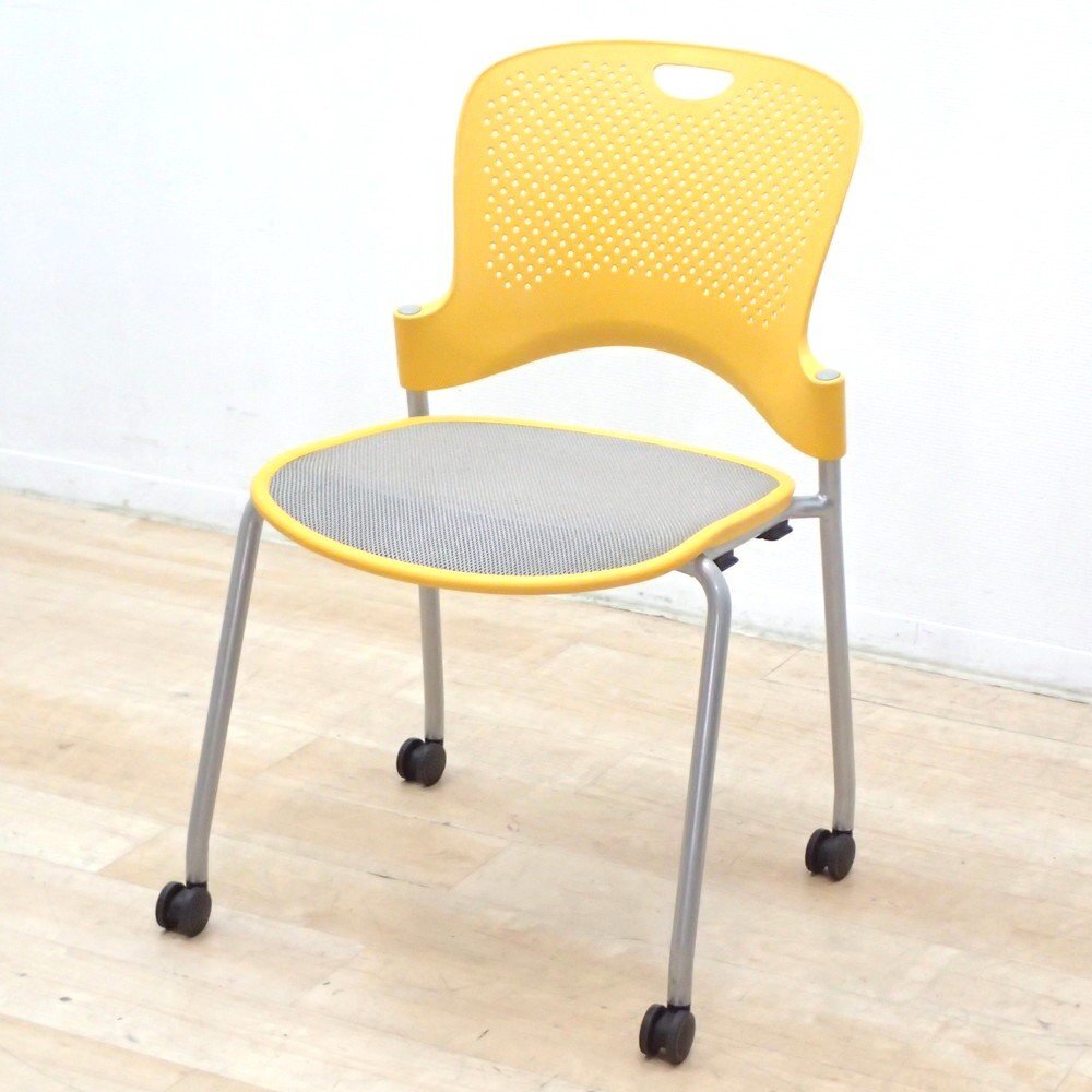 ハーマンミラー ケイパーチェア イエロー スタッキングチェア キャスター フレックスネットシート 肘無 EG18510 中古オフィス家具拍卖