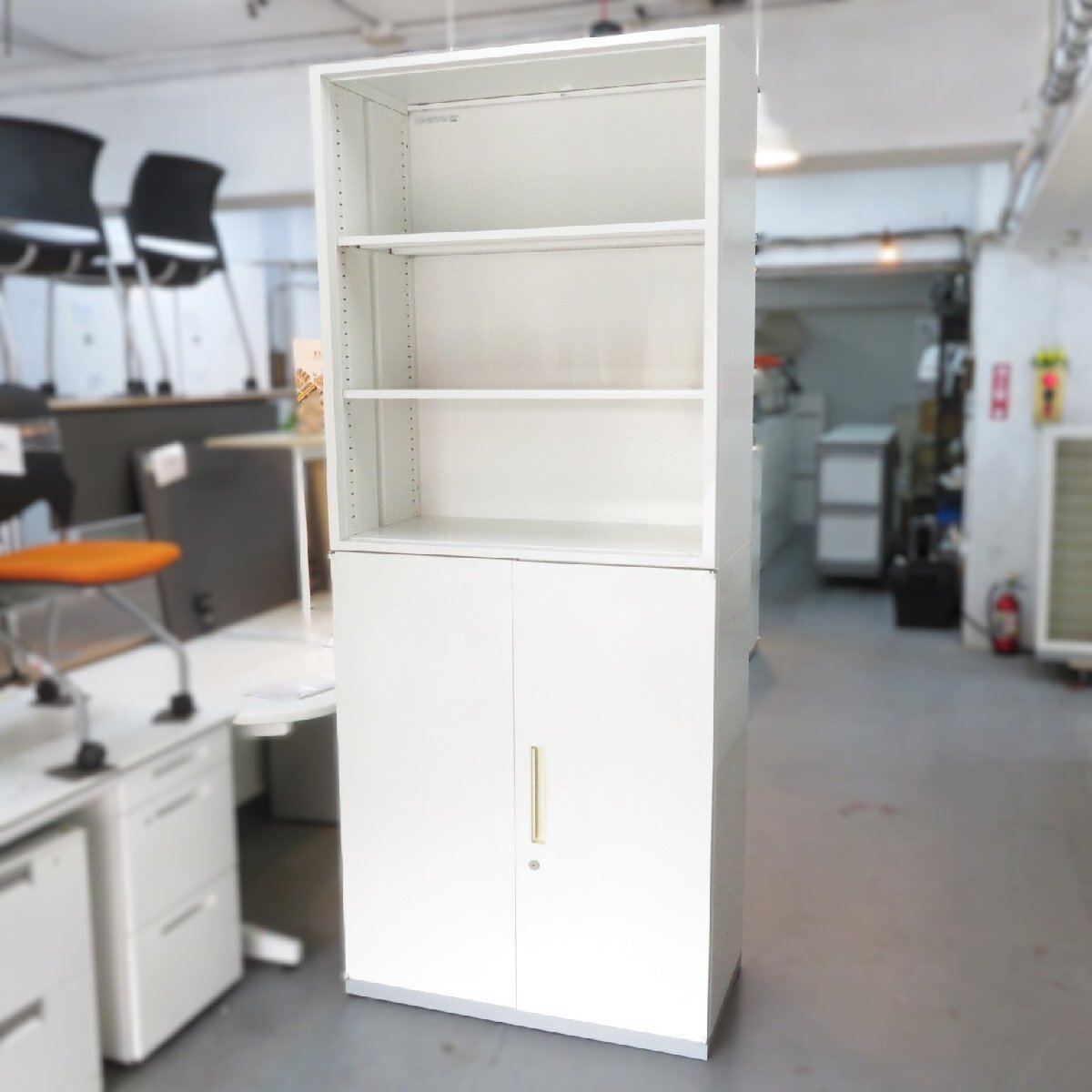 イナバ 上下書庫セット ホワイト シンプル キャビネット 収納庫 両開き白 物置 書類棚 オープン 倉庫 事務 YH19045 中古オフィス家具拍卖