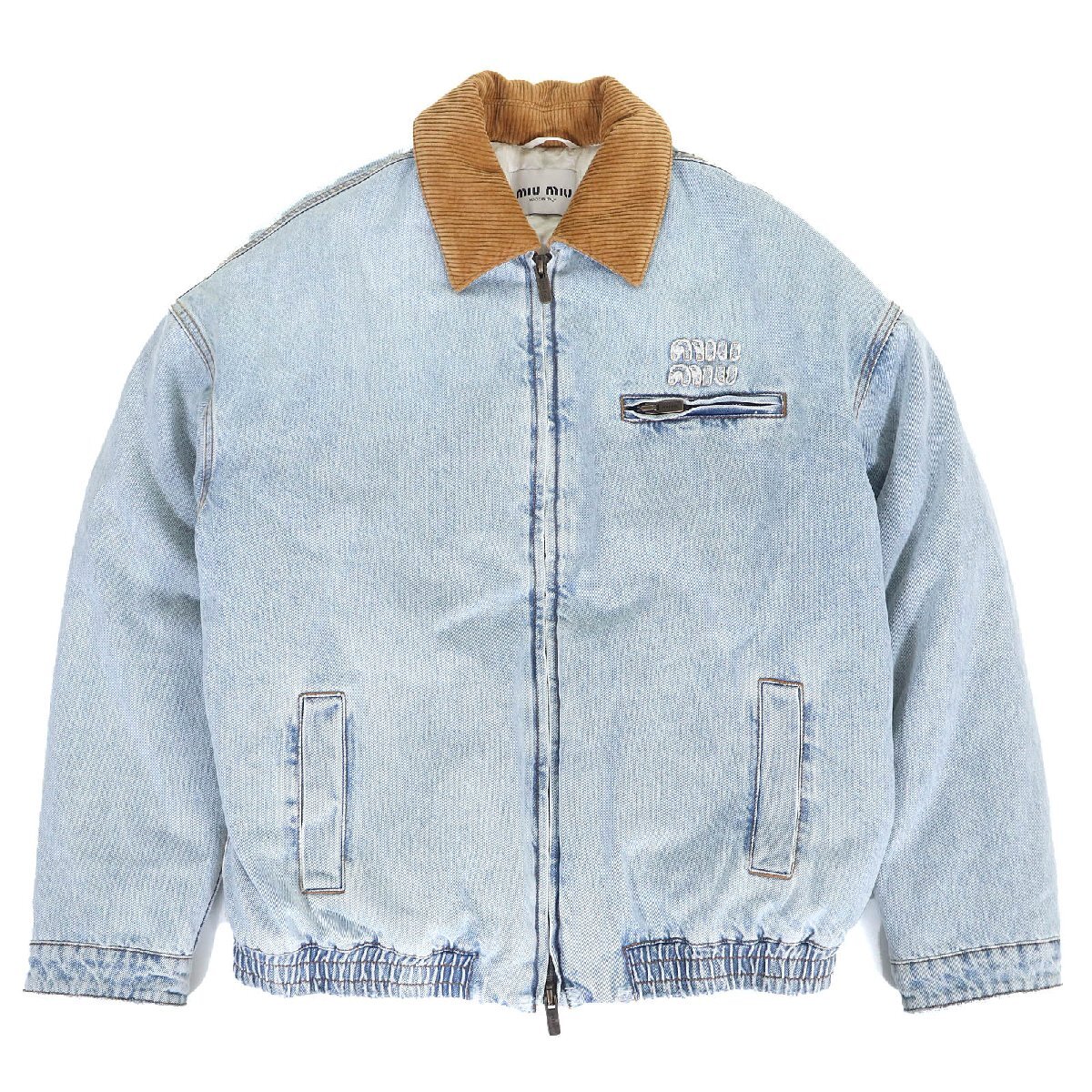 極美品△MIUMIU ミュウミュウ 24AW GWB221 Velvet Corduroy Collar Denim Jacket オーバー パデッドデニムブルゾンジャケット 38 正規品拍卖