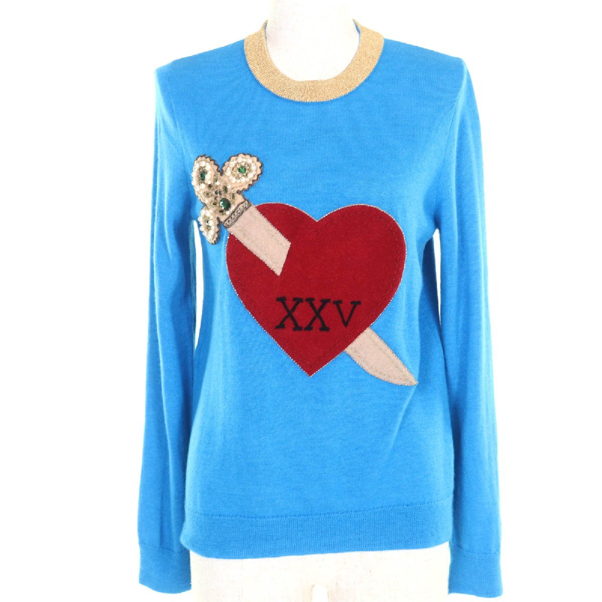 極美品◇GUCCI グッチ カシミヤ シルク混 ミケーレ期 472444 ハート&ダガー 刺〓・ビジュー付 長袖 ニット 青 M 伊製 正規品 レディース拍卖