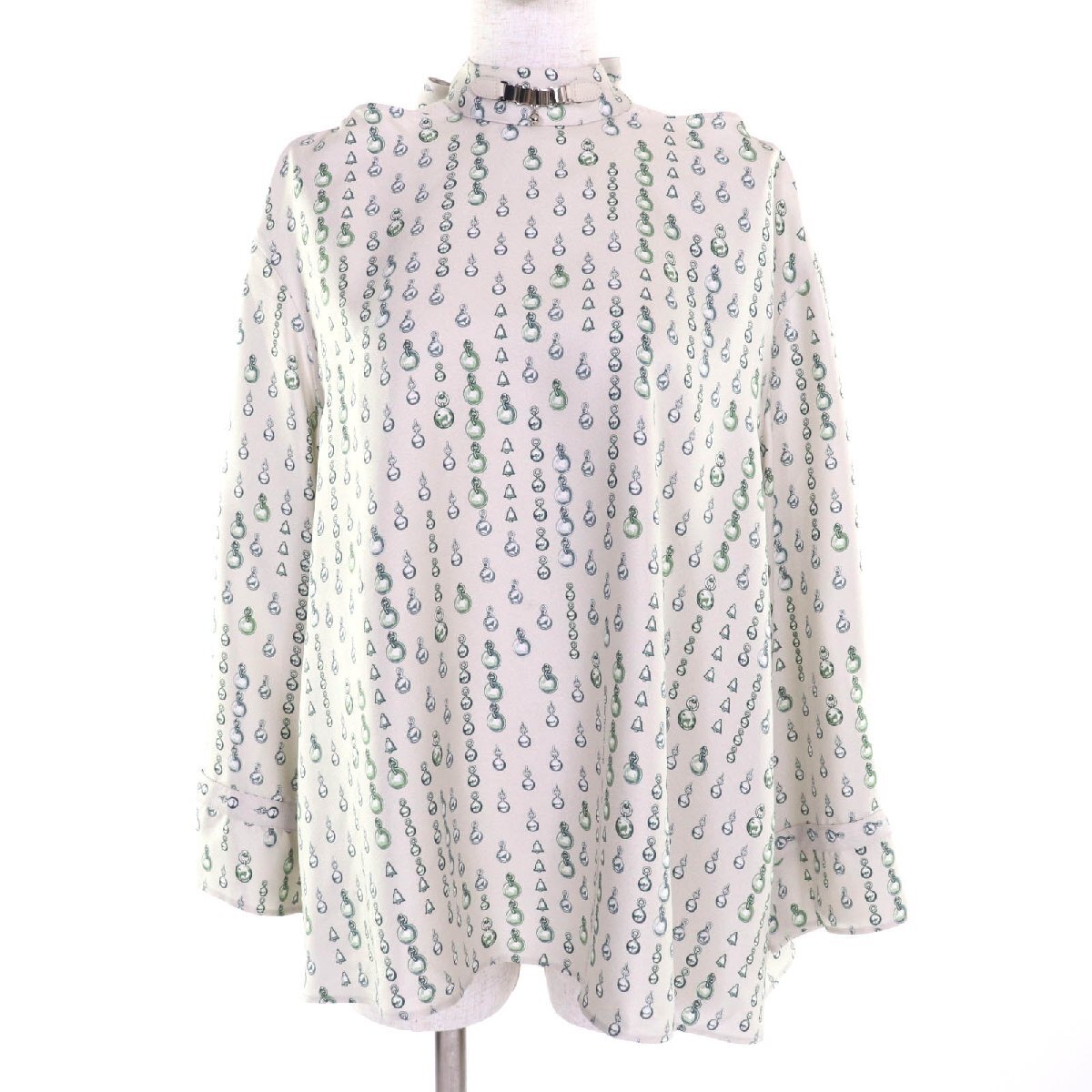 極美品★HERMES エルメス 22AW 2H0619DN シルク100% バックリボン 総柄 長袖 カットソー トップス グレージュ 40 仏製 正規品拍卖