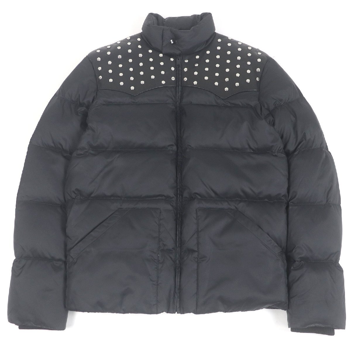 極美品□SAINT LAURENT PARIS サンローランパリ 2014年製 361791 エディ期 レザーヨーク スタッズ ダウンジャケット 黒 48 イタリア製拍卖