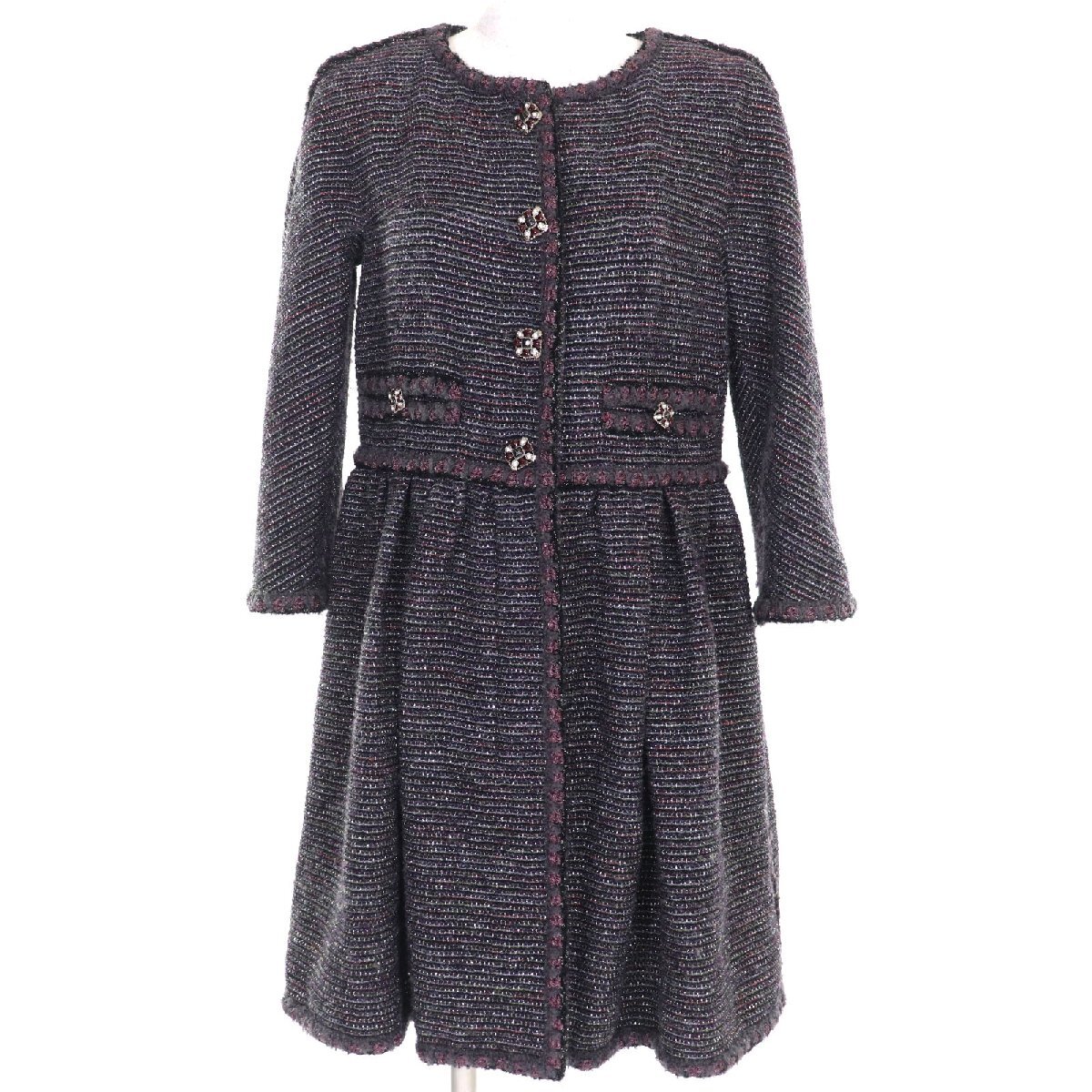 美品◇CHANEL シャネル P42301 裏地シルク100% ココマークボタン付 ラメ入り ノーカラー ツイード コート マルチ 38 フランス製 正規品拍卖